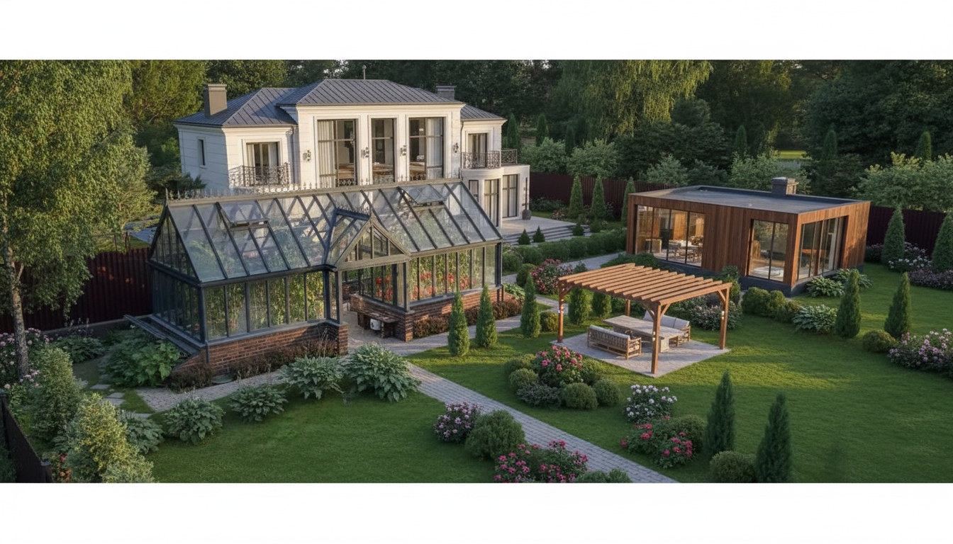 Ландшафтный дизайн участка с английской теплицей купить 