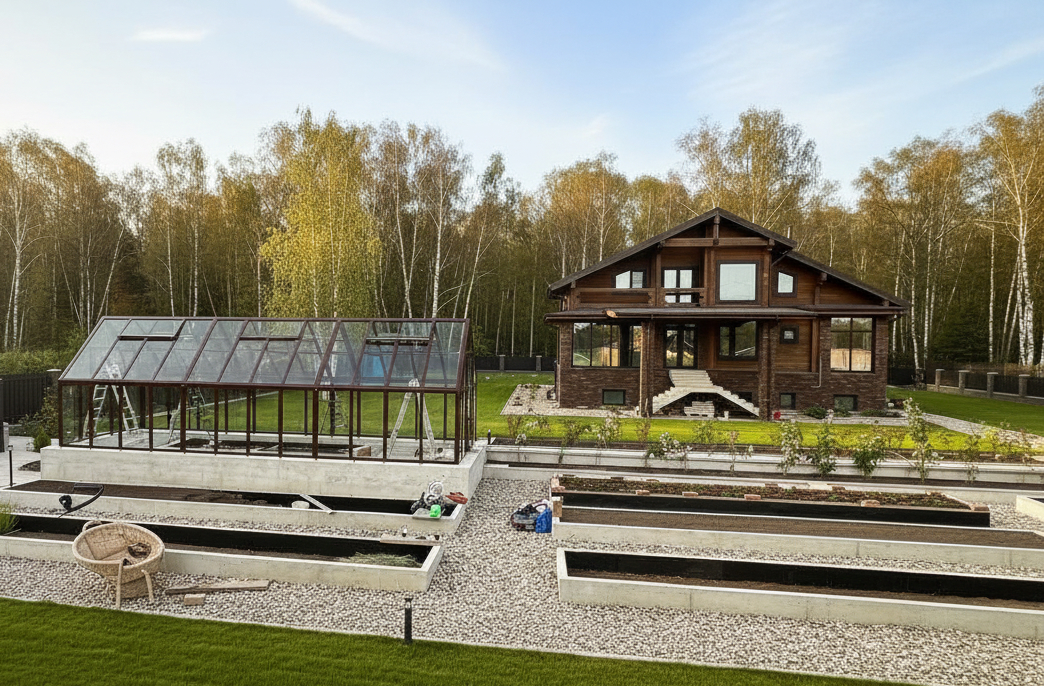 Стелянная теплица как часть ланшафтного дизайна