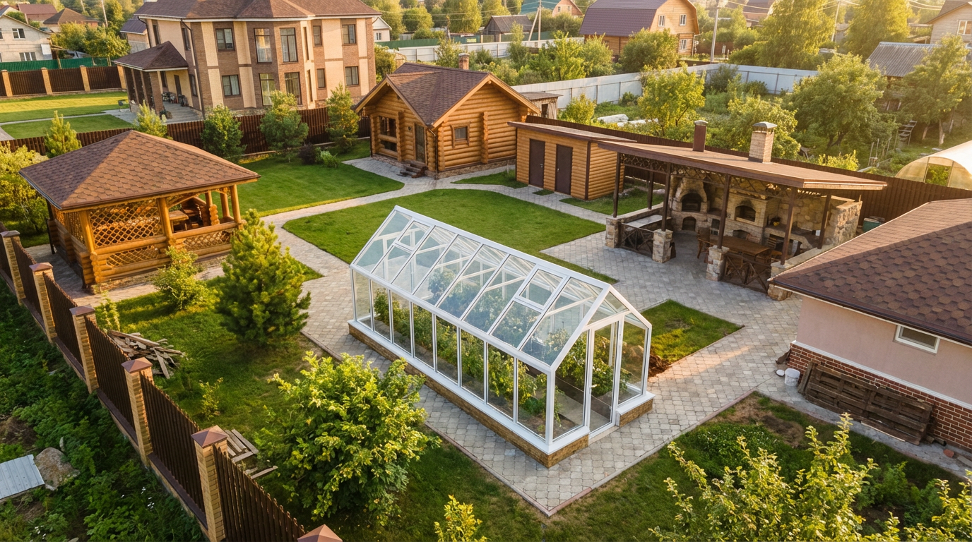 вид сверху расположение стеклянной теплицы