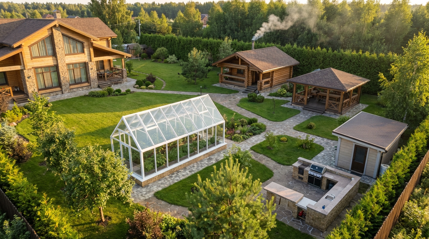 теплица вдоль садовой дорожки