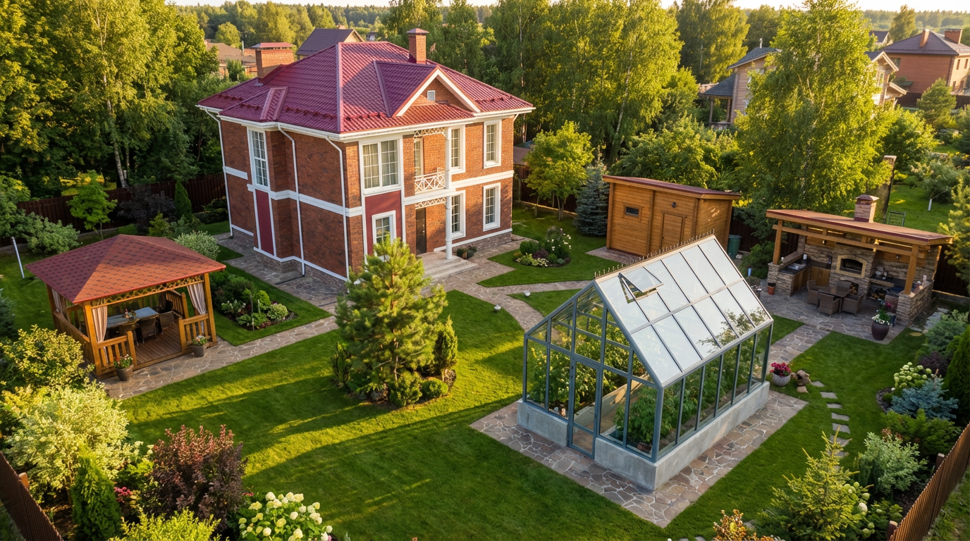 теплица в ландшафтном дизайне коттеджа