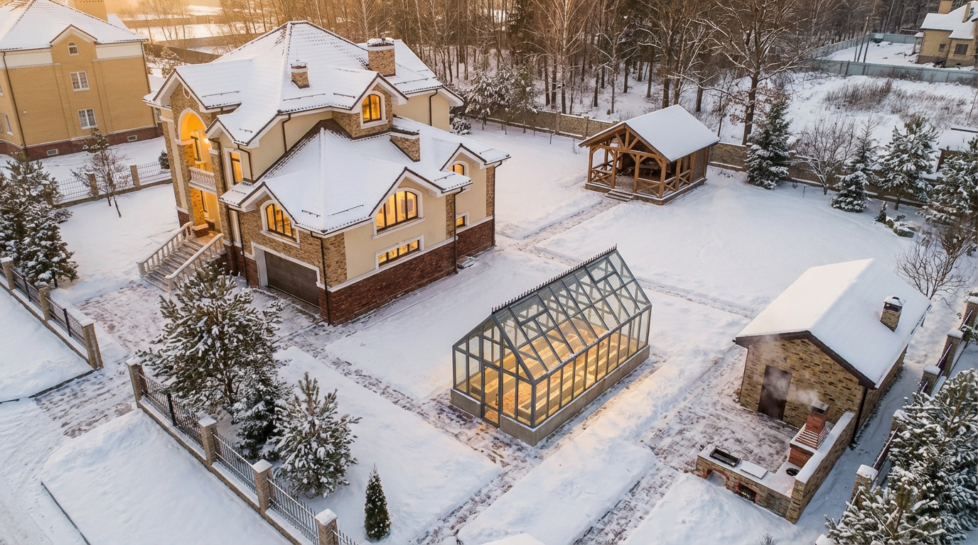 ландшафтный дизайн с теплицей из стекла