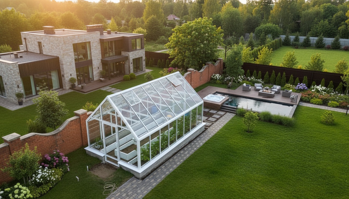 теплица между домом и садовой зоной