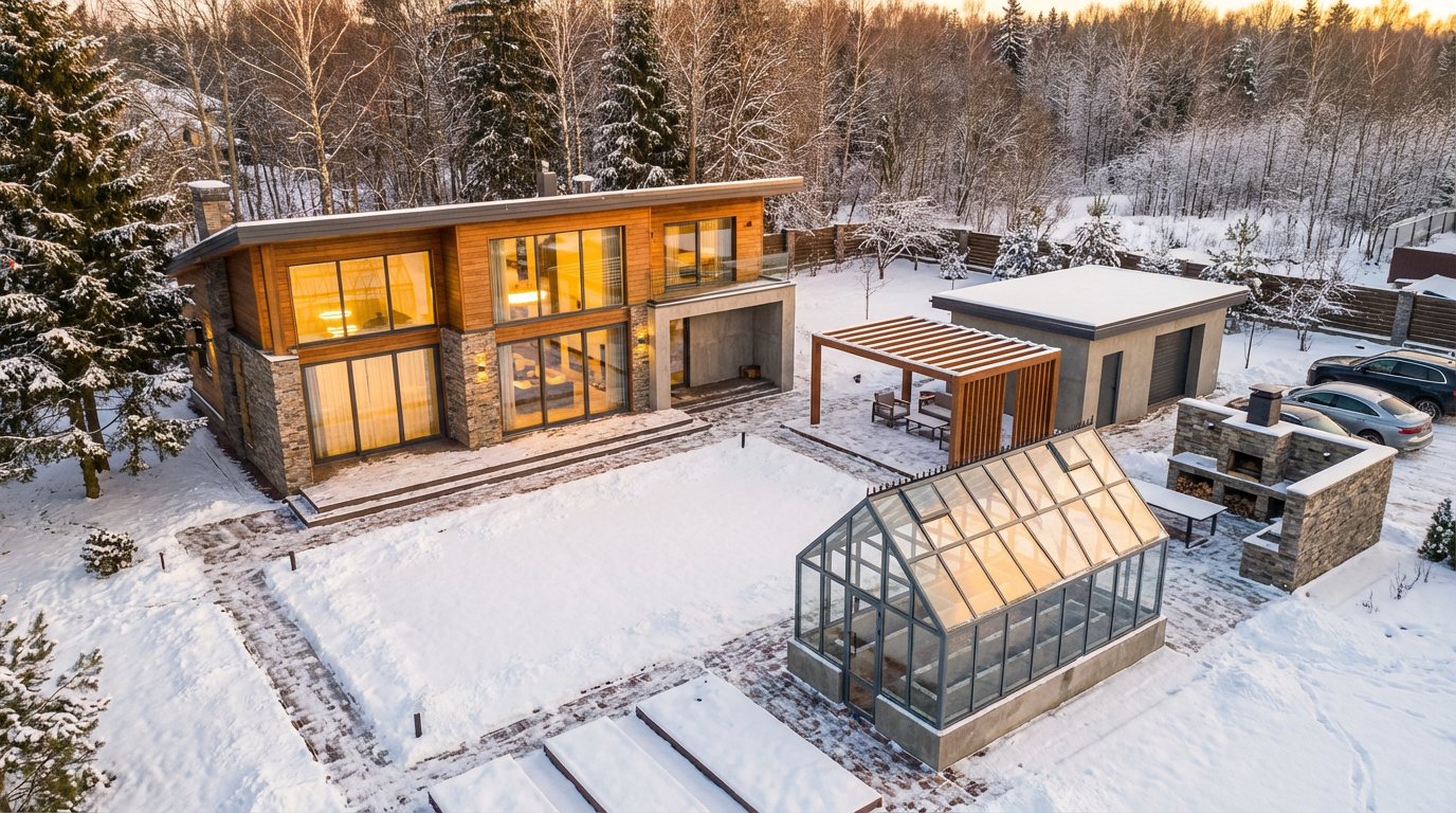 большие алюминиевые портальные двери в современном коттедже