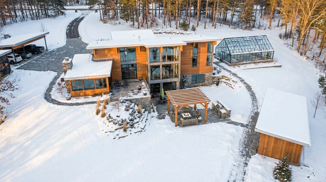 современный загородный дом с витражами из алюминия