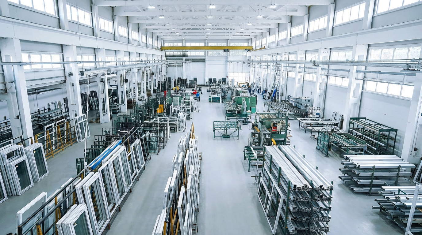 Вид сверху на производство окон и стеклянных конструкций S-Glass с рабочими в красной спецодежде.