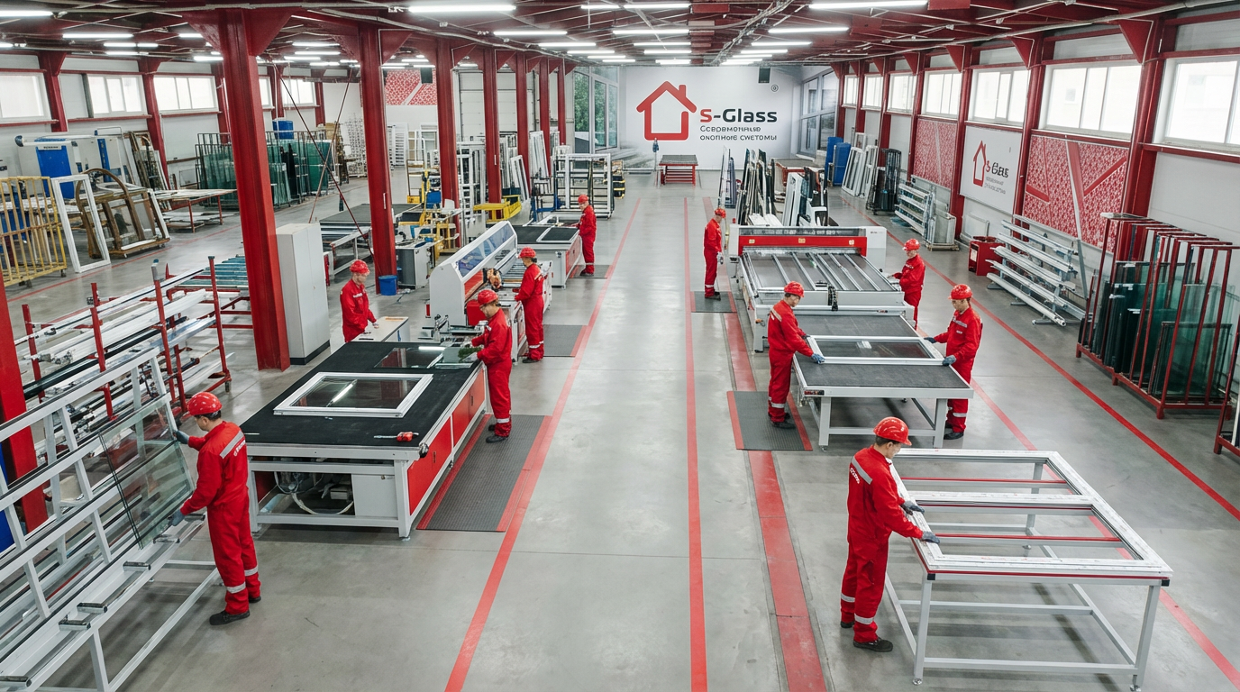 Производственный цех S-Glass сверху — линии изготовления стеклопакетов, рабочие в красной форме, алюминиевые профили и фирменный логотип на стене