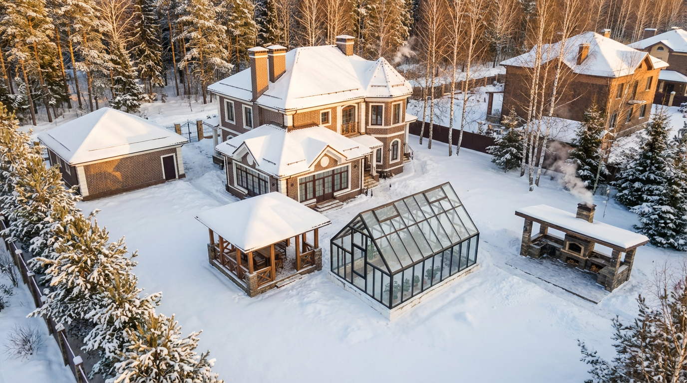 Премиальная английская теплица у коттеджа зимой