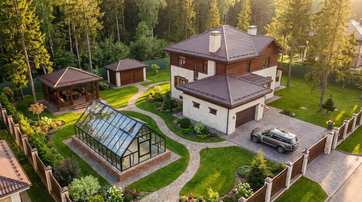 Теплица из стекла с декоративными элементами в английском стиле