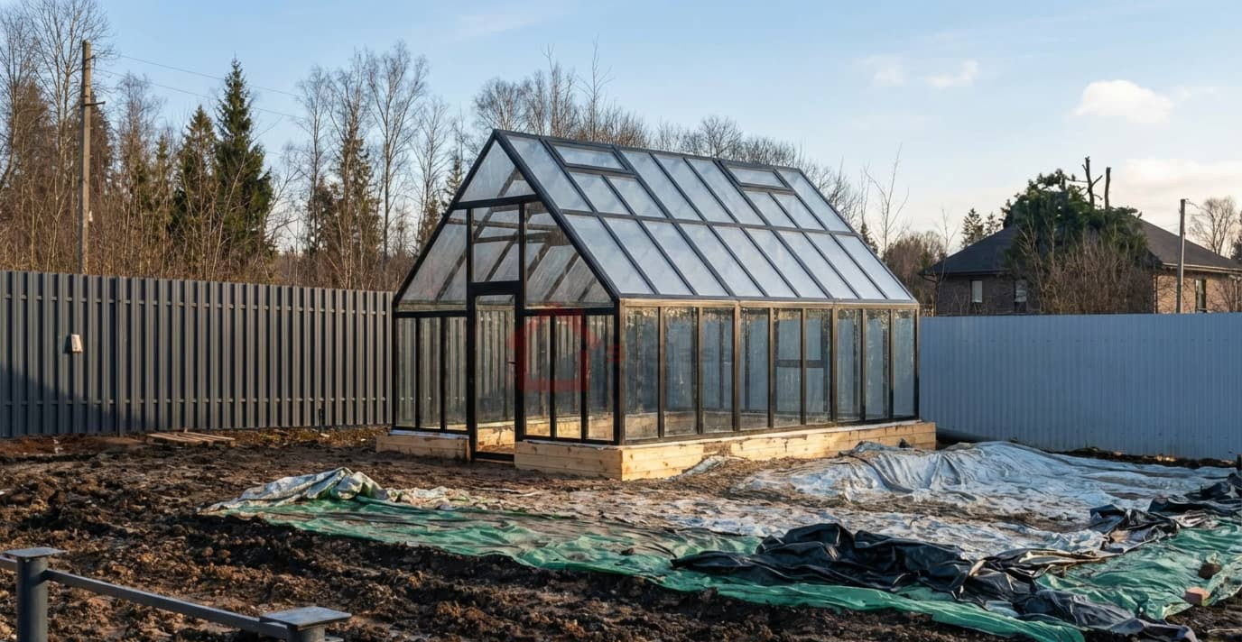 Монтаж стеклянной теплицы на участке