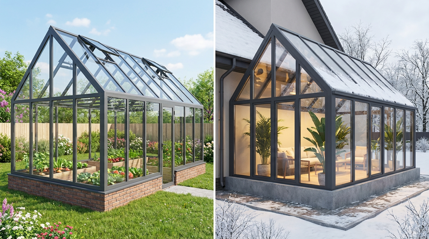 Сравнение сезонной стеклянной теплицы и зимнего сада по конструкции и назначению
