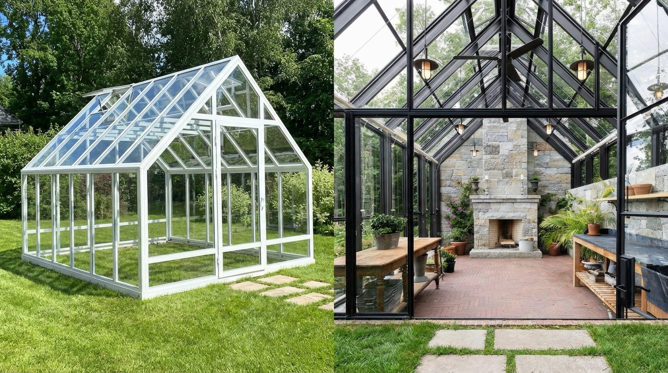 Визуальное сравнение теплицы и зимнего сада на одном изображении