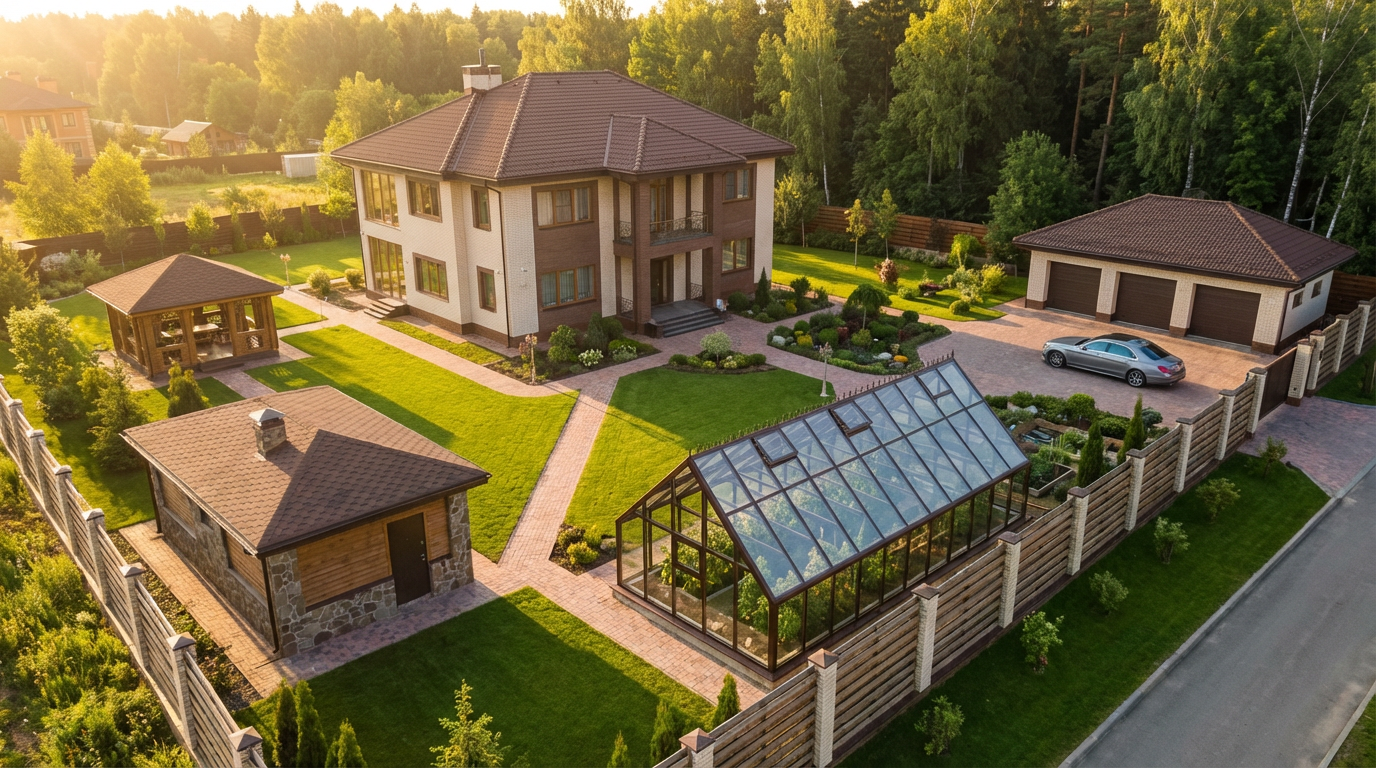 Размещение стеклянной теплицы на участке с учётом архитектуры дома