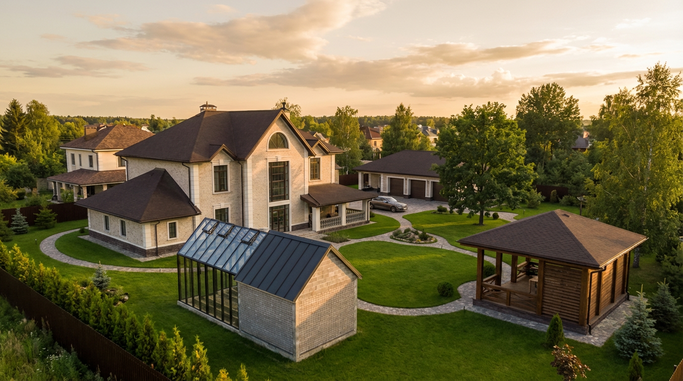 Вид сверху на участок с домом, садом и стеклянной теплицей