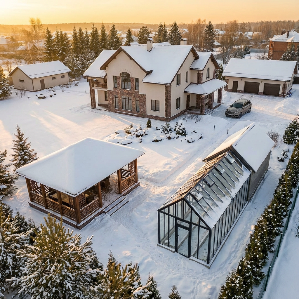 Стеклянная теплица как элемент ландшафтной композиции загородного участка