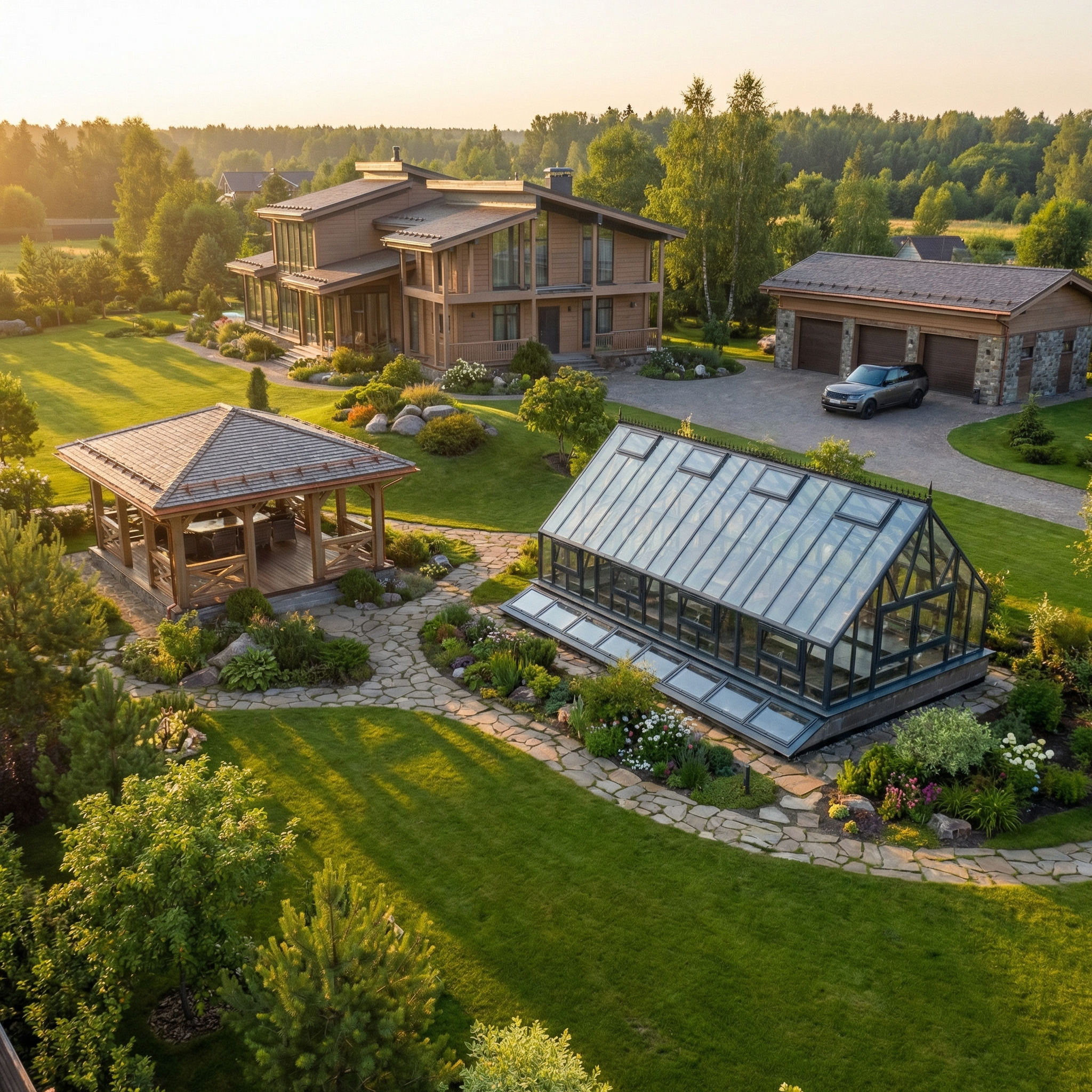 Современная стеклянная теплица из алюминиевого профиля на частном загородном участке с декоративными дорожками