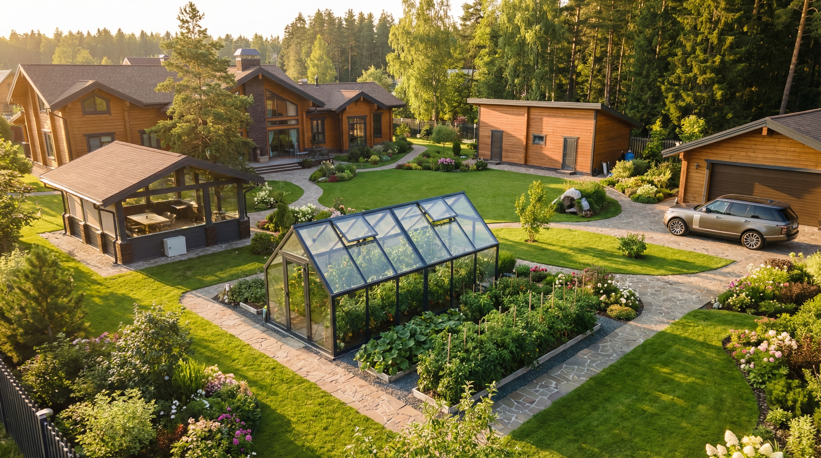 Проект участка с домом и стеклянной теплицей, ландшафтный дизайн загородного участка вид сверху