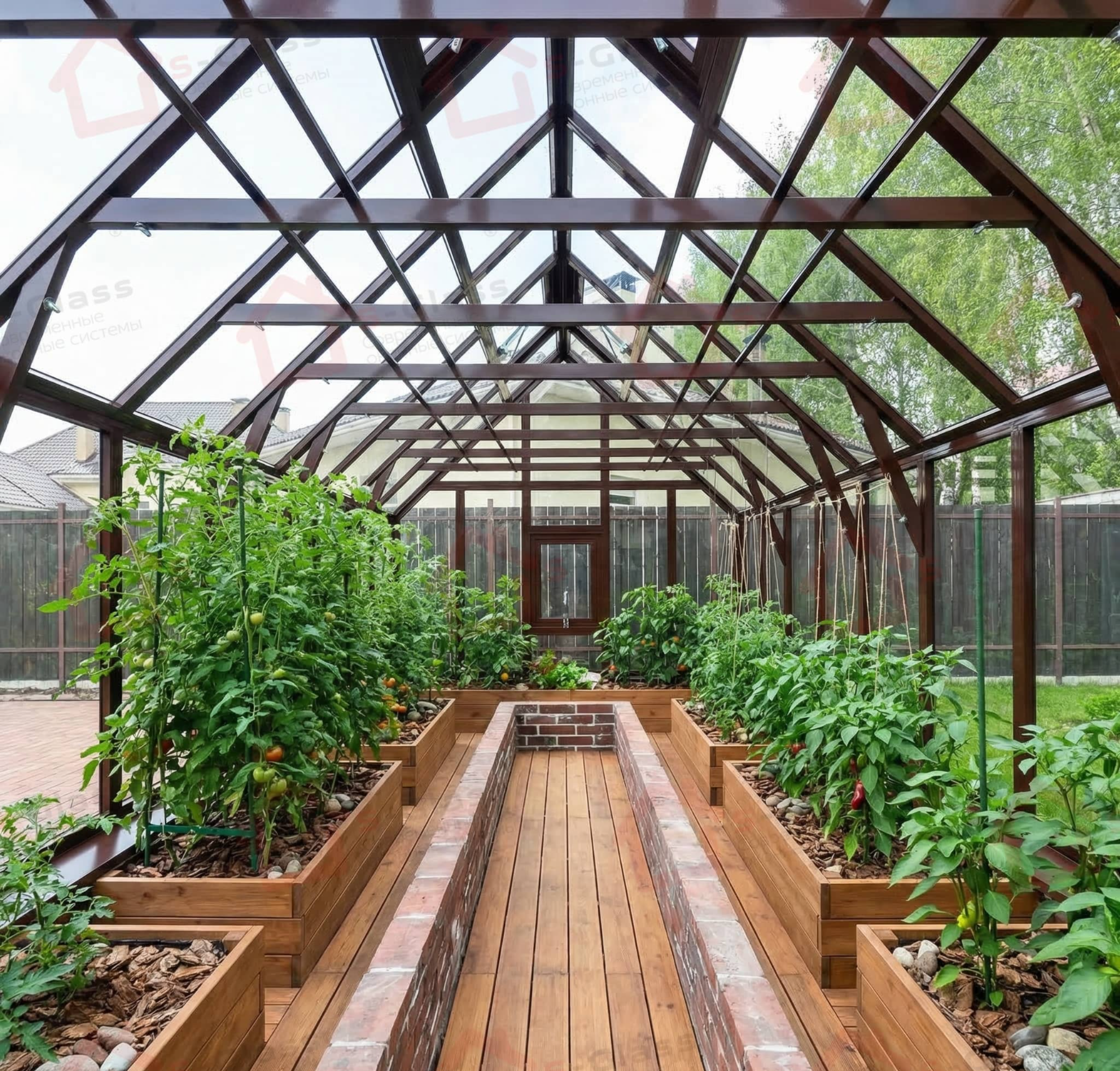 Алюминиевая теплица стекла с грядками из лиственницы 3 на 6 S-Glass в Москве