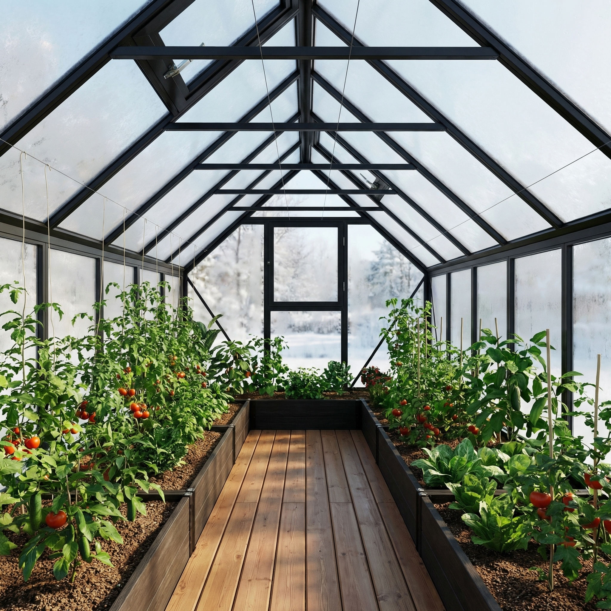 Грядки из лиственницы в стеклянной теплице S-Glass