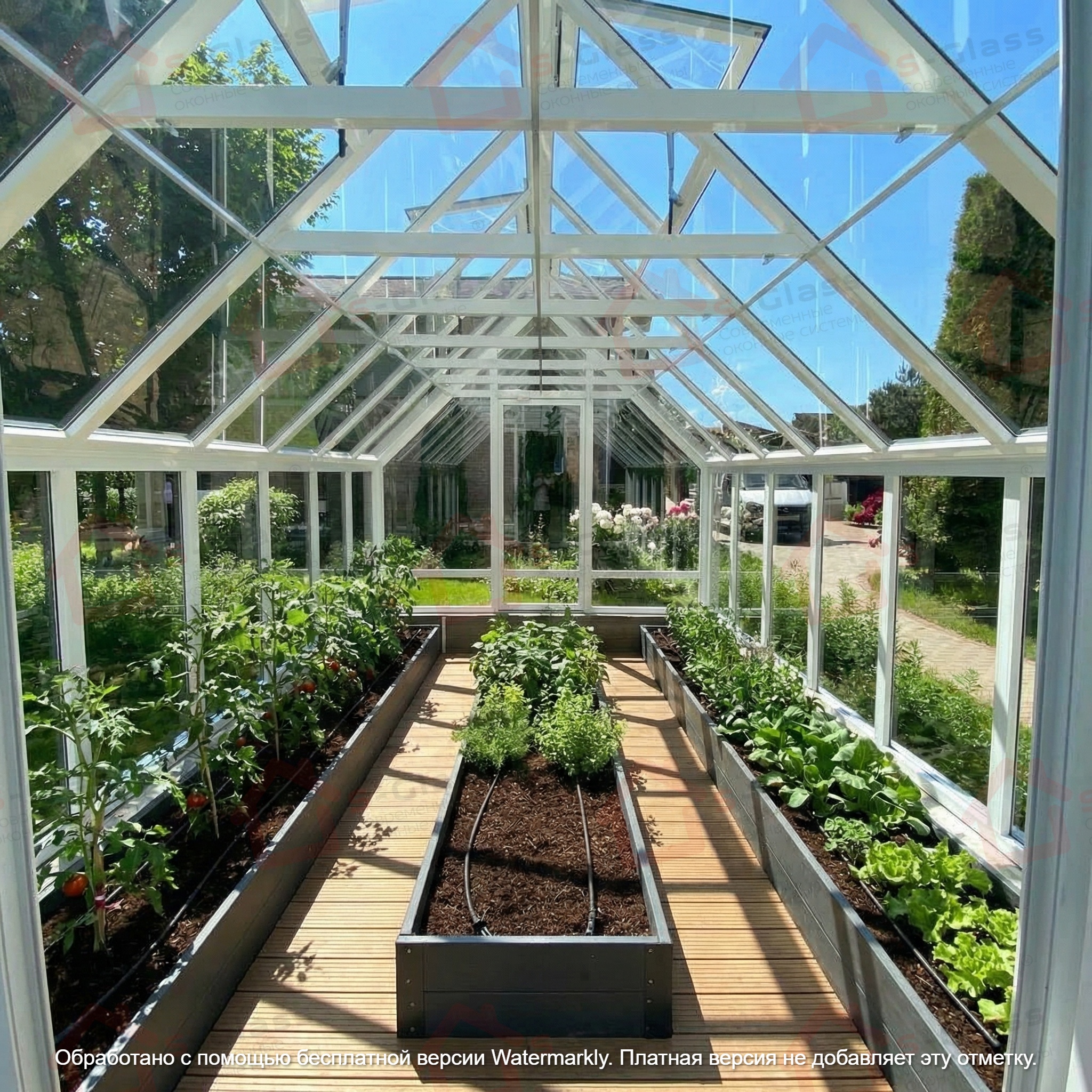 Красивые грядки в стеклянной теплице