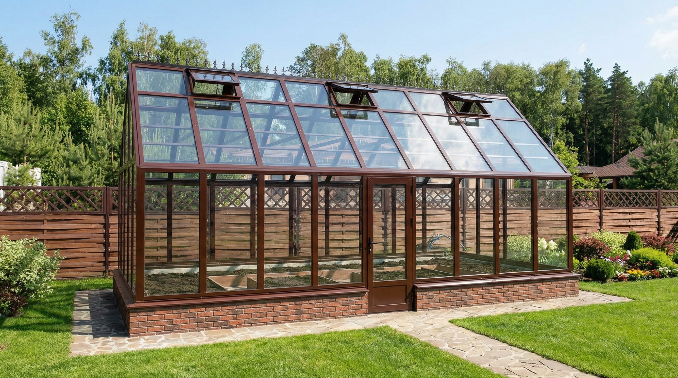 Русская стеклянная теплица 3×6 на 9 пролётов — вид под углом