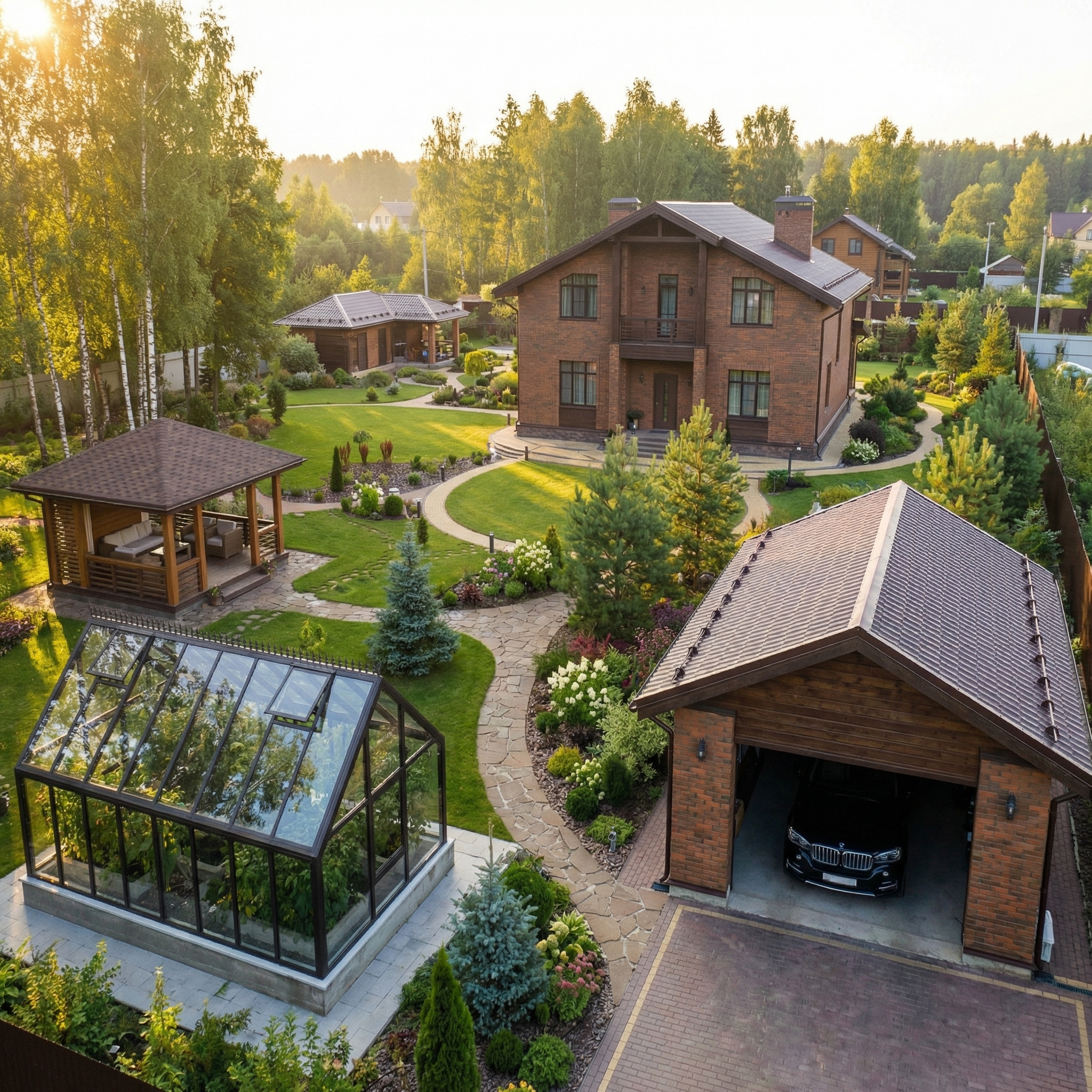 стеклянная теплица летом на участке премиальный внешний вид S-Glass