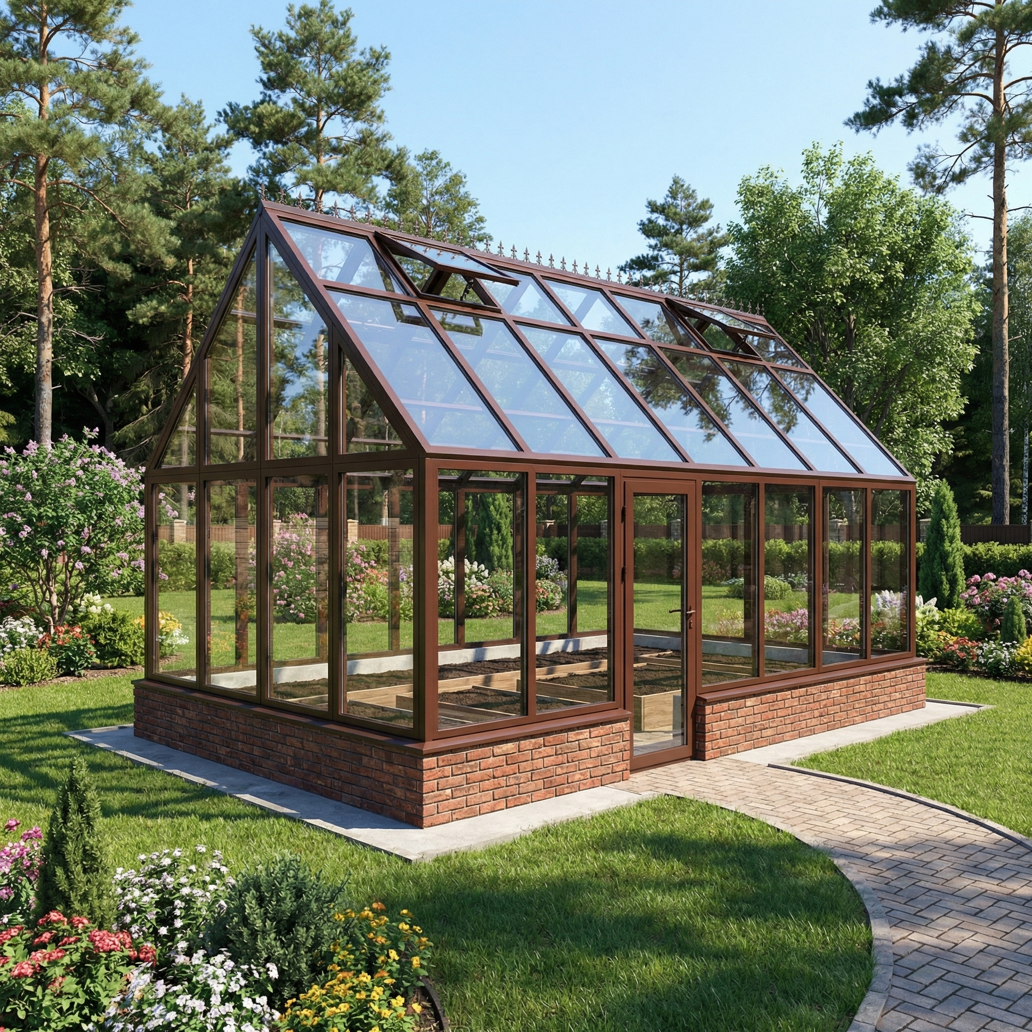 панорамная стеклянная теплица летом стильная конструкция для сада