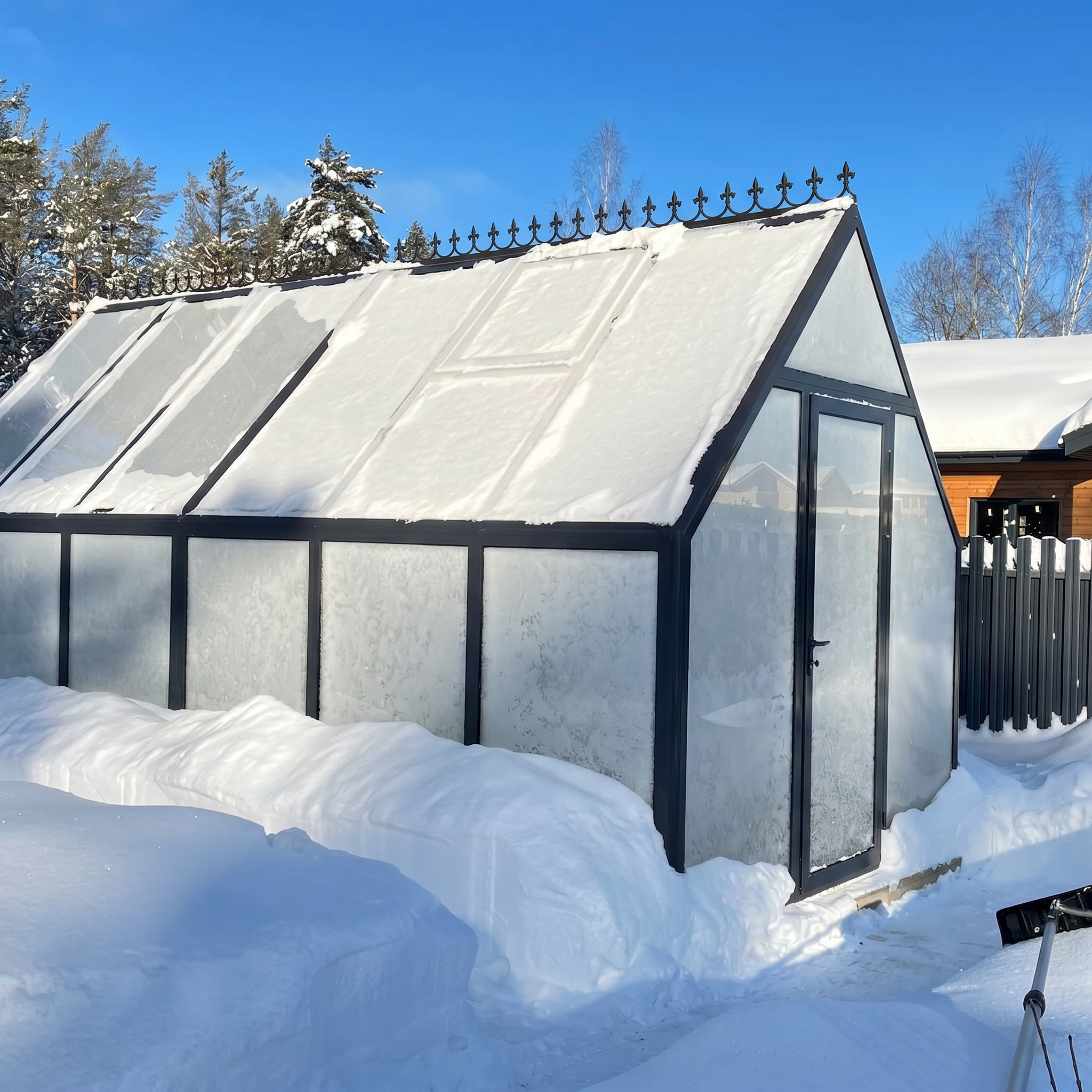 теплица из стекла выдерживает снеговую нагрузку фото зимой без деформации