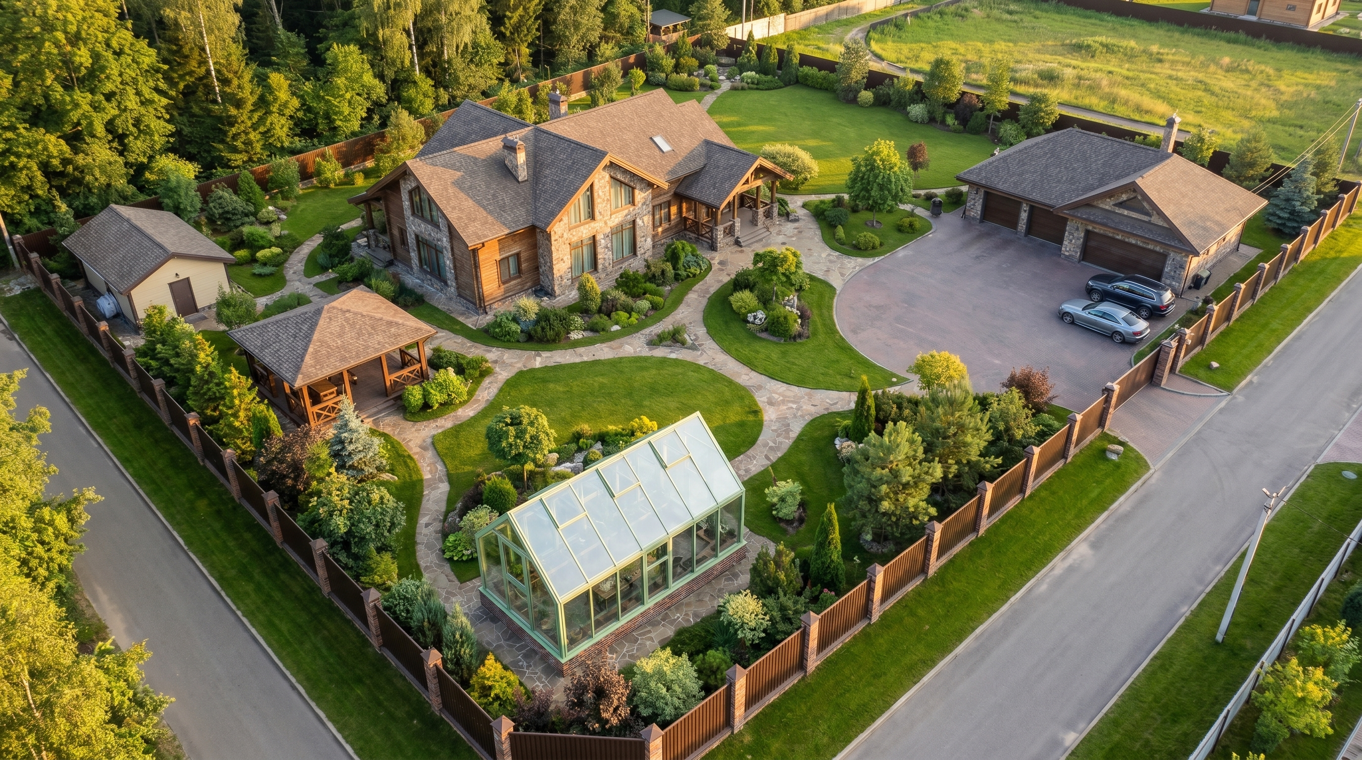 ландшафтный дизайн участка со стеклянной теплицей рядом с домом