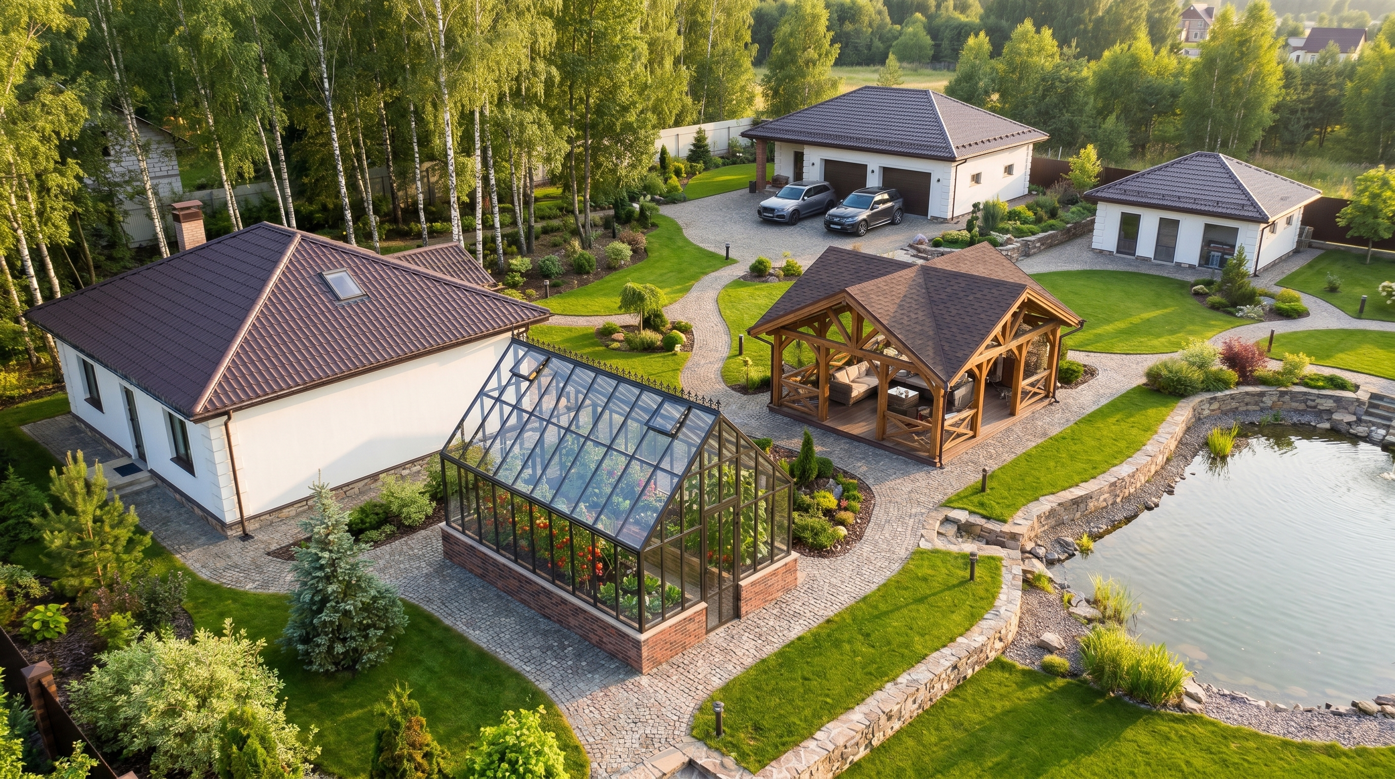 стеклянная теплица в ландшафте частного участка с газоном и дорожками