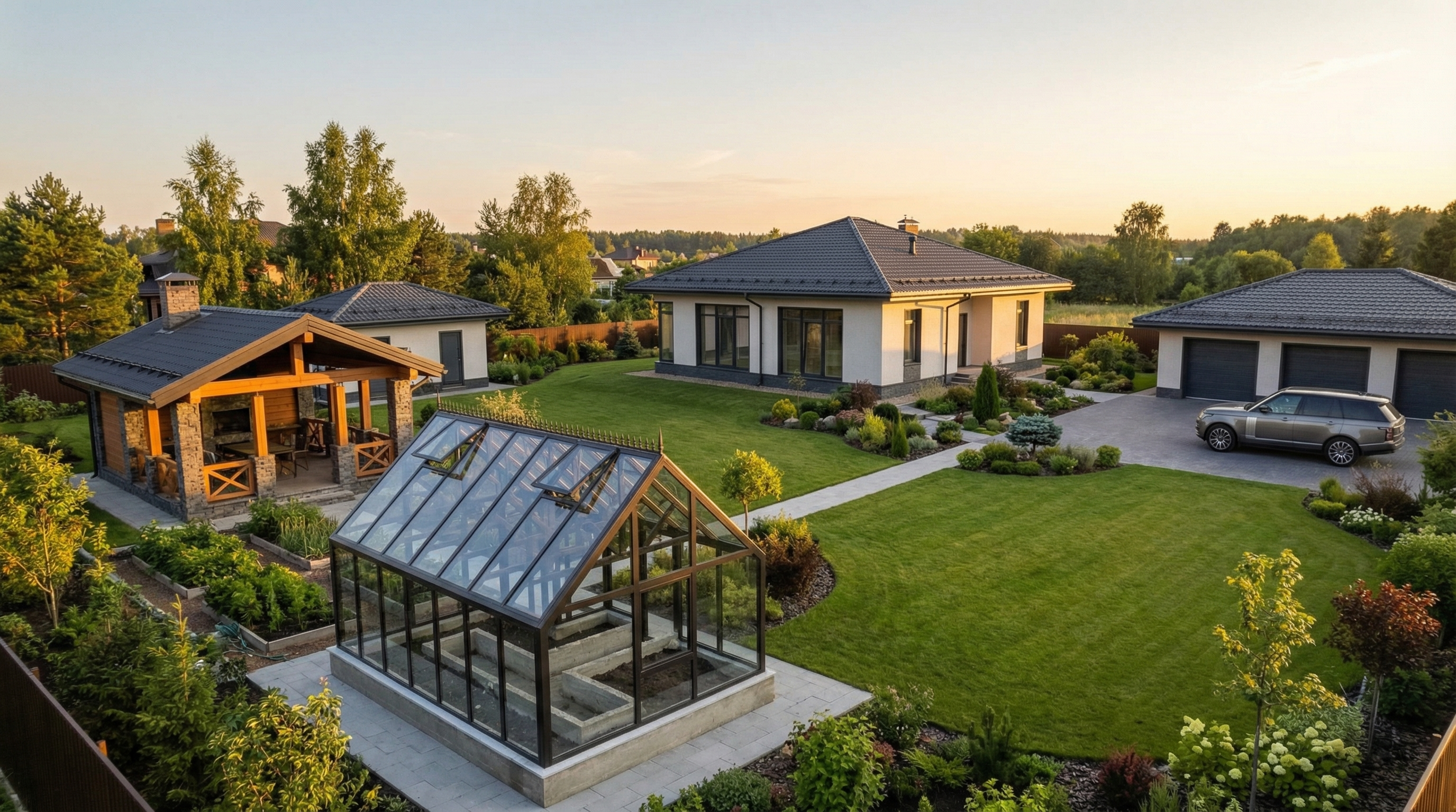 участок загородного дома со стеклянной теплицей и беседкой