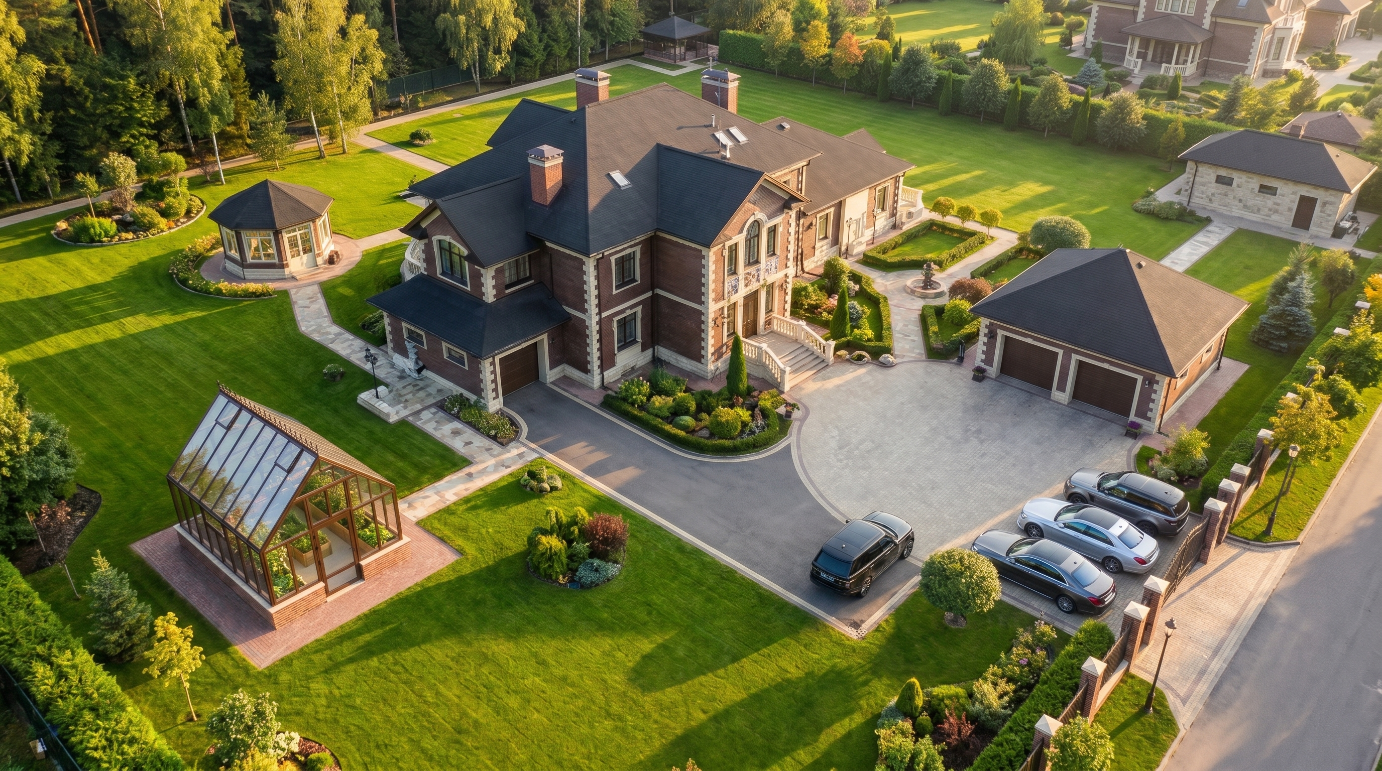 пример размещения стеклянной теплицы в ландшафтном дизайне участка