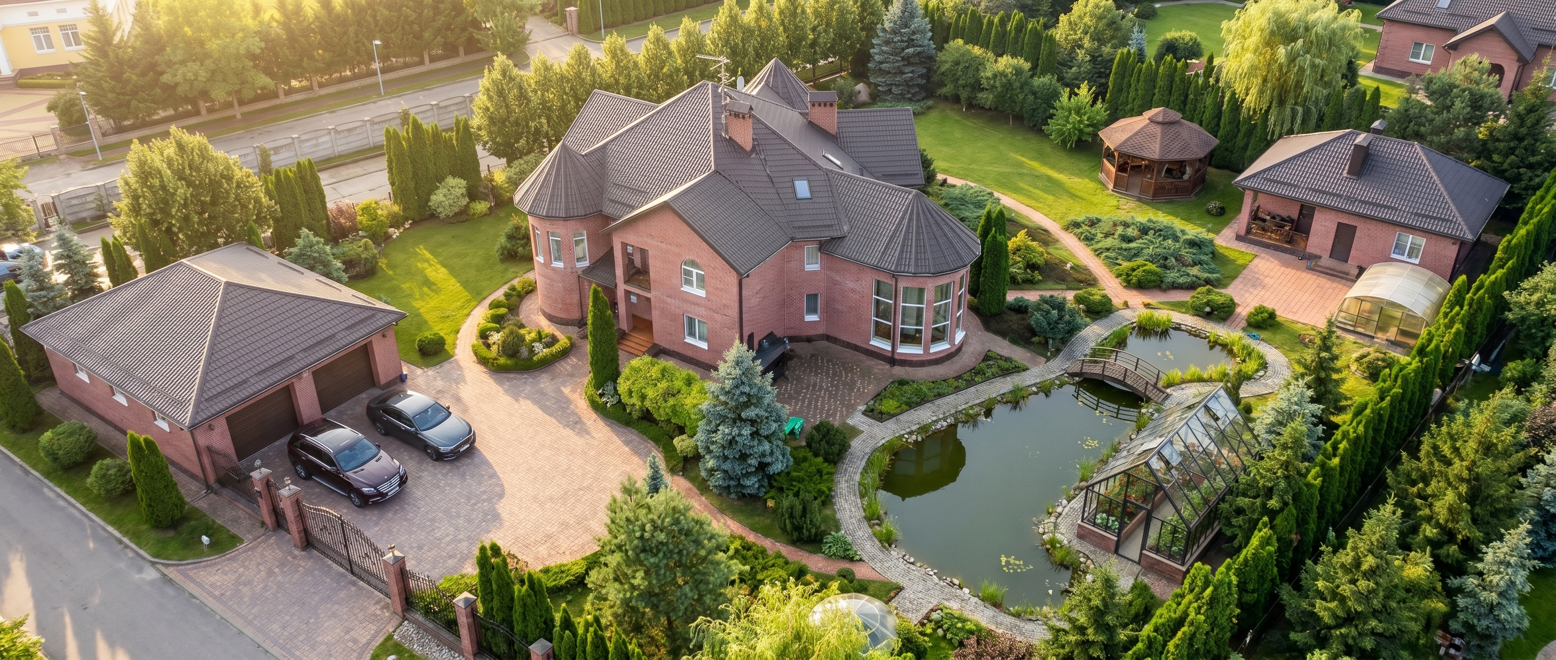 участок с теплицей рядом с домом, садом и прудом