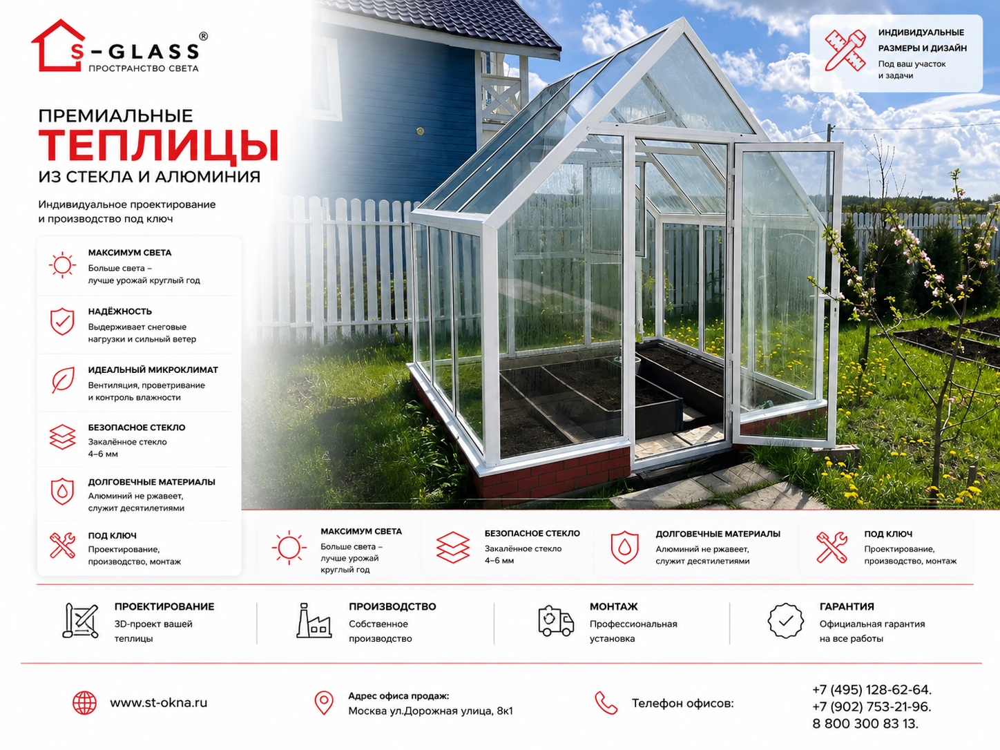 Фасад стеклянной теплицы S-Glass с торцевой дверью